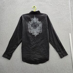 Level Ten Men Button Up Shirt XL Black‎ Striped Grunge Y2K Skater Ornate Crest